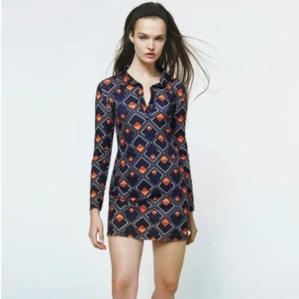 Zara Geometric Shape Pattern Mini Dress Navy Blue Orange White Size Medium - Picture 3 of 7